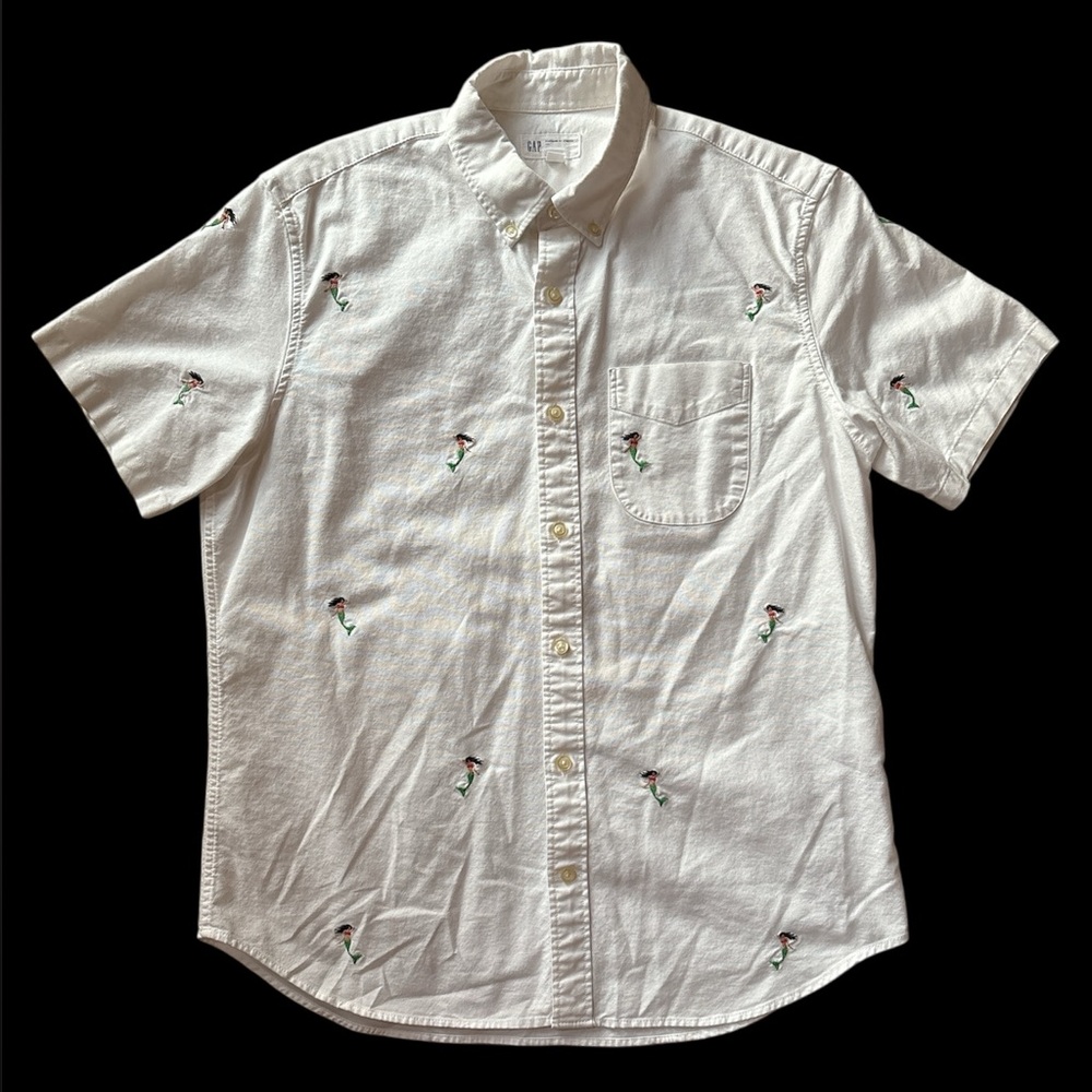 Gap Mens Beach Stretch Mermaid Embroidered Oxford Short Sleeve Shirt Size Medium